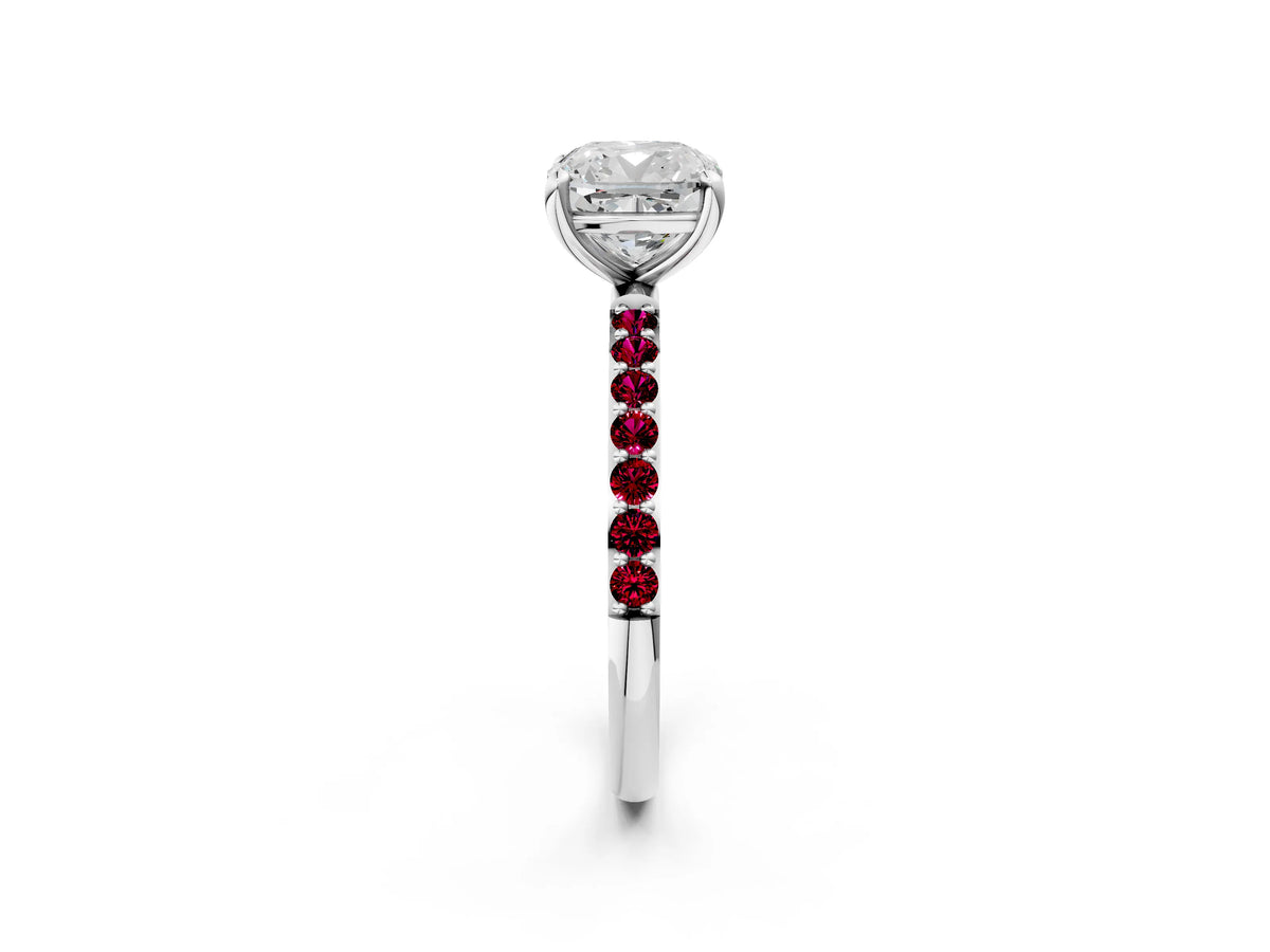 White gold Cushion Cut Diamond Solitaire Ring with Round Garnet Pavé Band and Prong Setting_2
