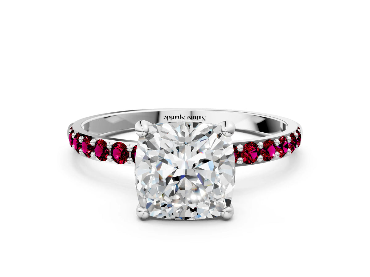 White gold Cushion Cut Diamond Solitaire Ring with Round Garnet Pavé Band and Prong Setting