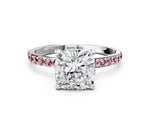 White gold Cushion Cut Diamond Solitaire Ring with Round Morganite Pavé Band and Prong Setting