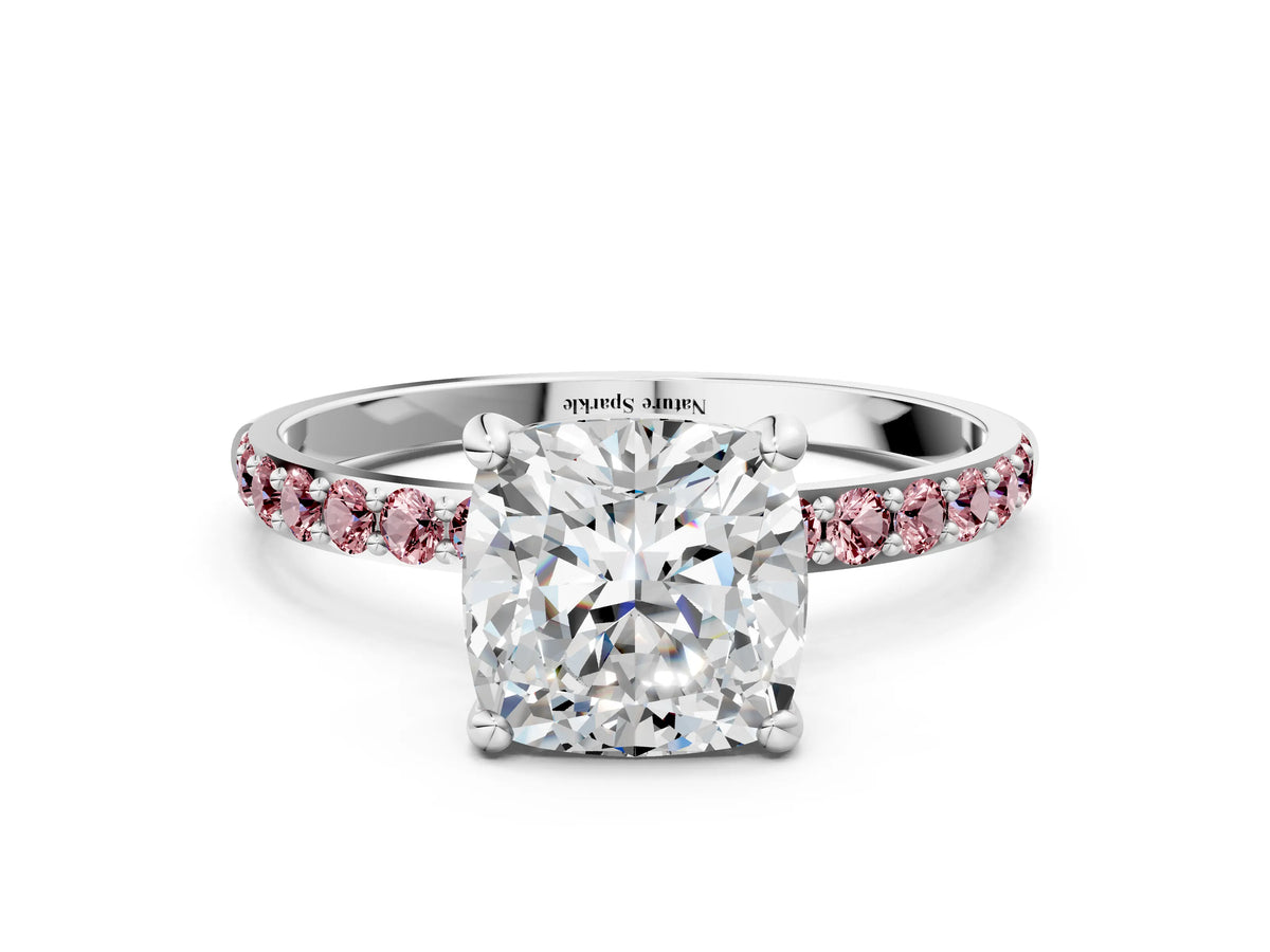 White gold Cushion Cut Diamond Solitaire Ring with Round Morganite Pavé Band and Prong Setting