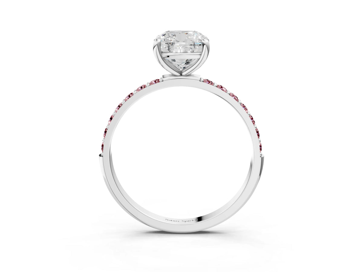 White gold Cushion Cut Diamond Solitaire Ring with Round Morganite Pavé Band and Prong Setting_3