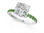 White gold Cushion Cut Diamond Solitaire Ring with Round Peridot Pavé Band and Prong Setting_1
