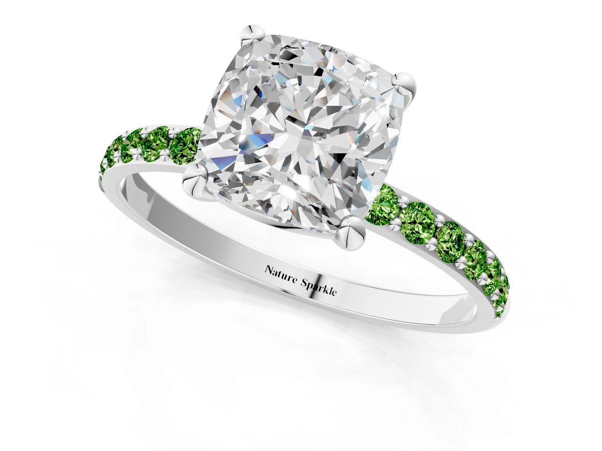 White gold Cushion Cut Diamond Solitaire Ring with Round Peridot Pavé Band and Prong Setting_1