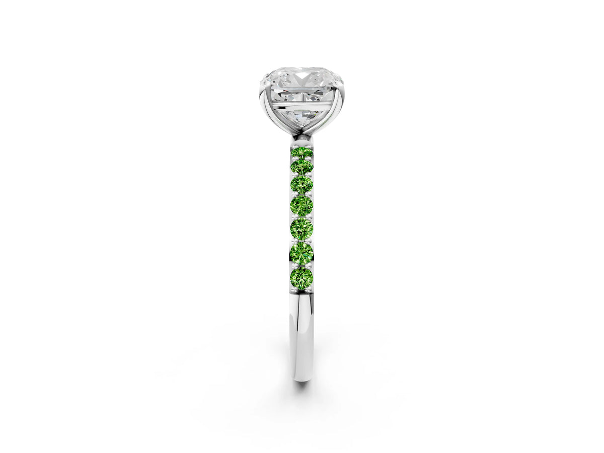 White gold Cushion Cut Diamond Solitaire Ring with Round Peridot Pavé Band and Prong Setting_2