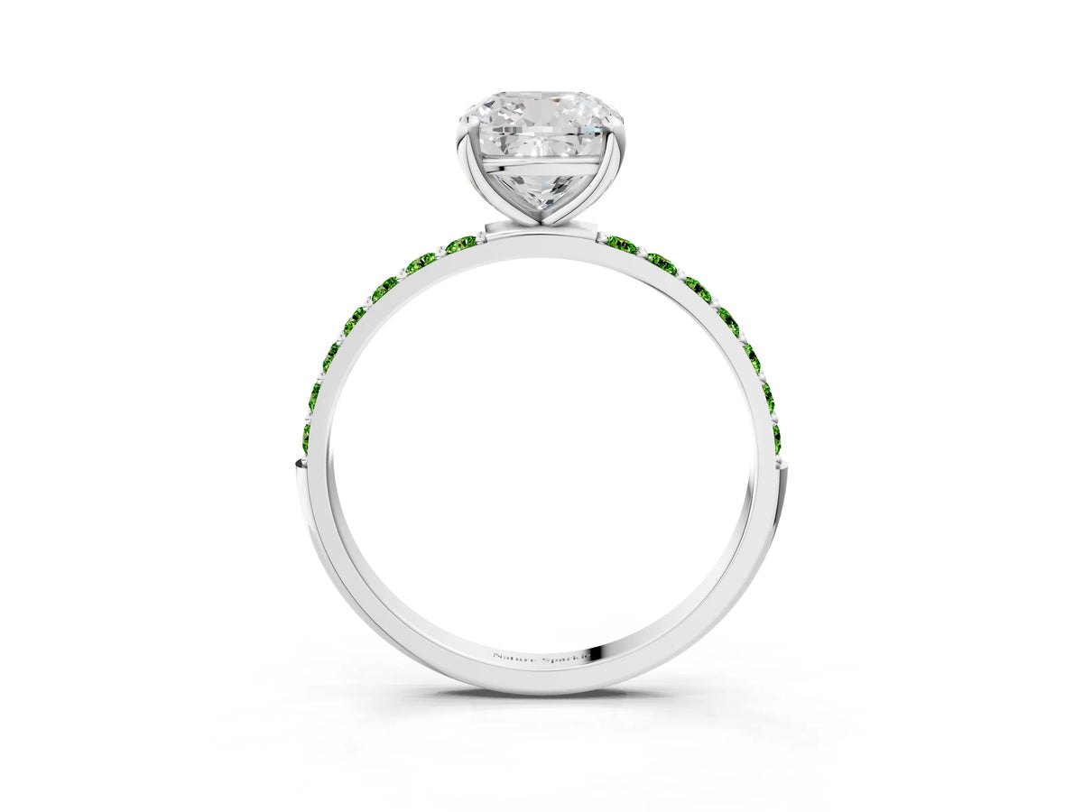 White gold Cushion Cut Diamond Solitaire Ring with Round Peridot Pavé Band and Prong Setting_3
