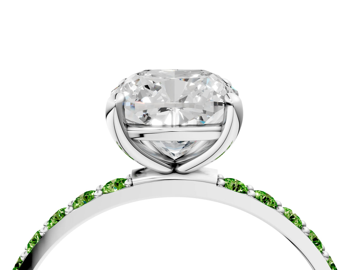 White gold Cushion Cut Diamond Solitaire Ring with Round Peridot Pavé Band and Prong Setting_4