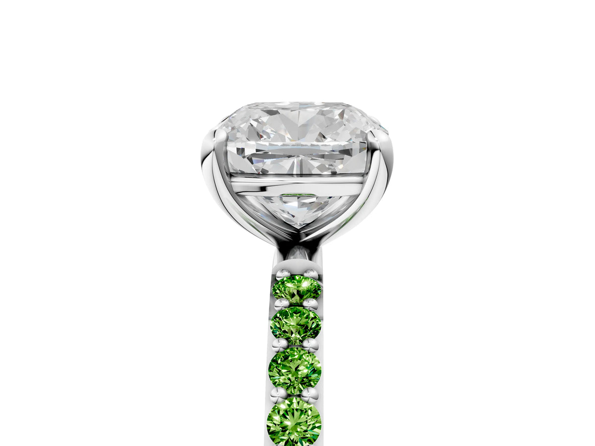 White gold Cushion Cut Diamond Solitaire Ring with Round Peridot Pavé Band and Prong Setting_5