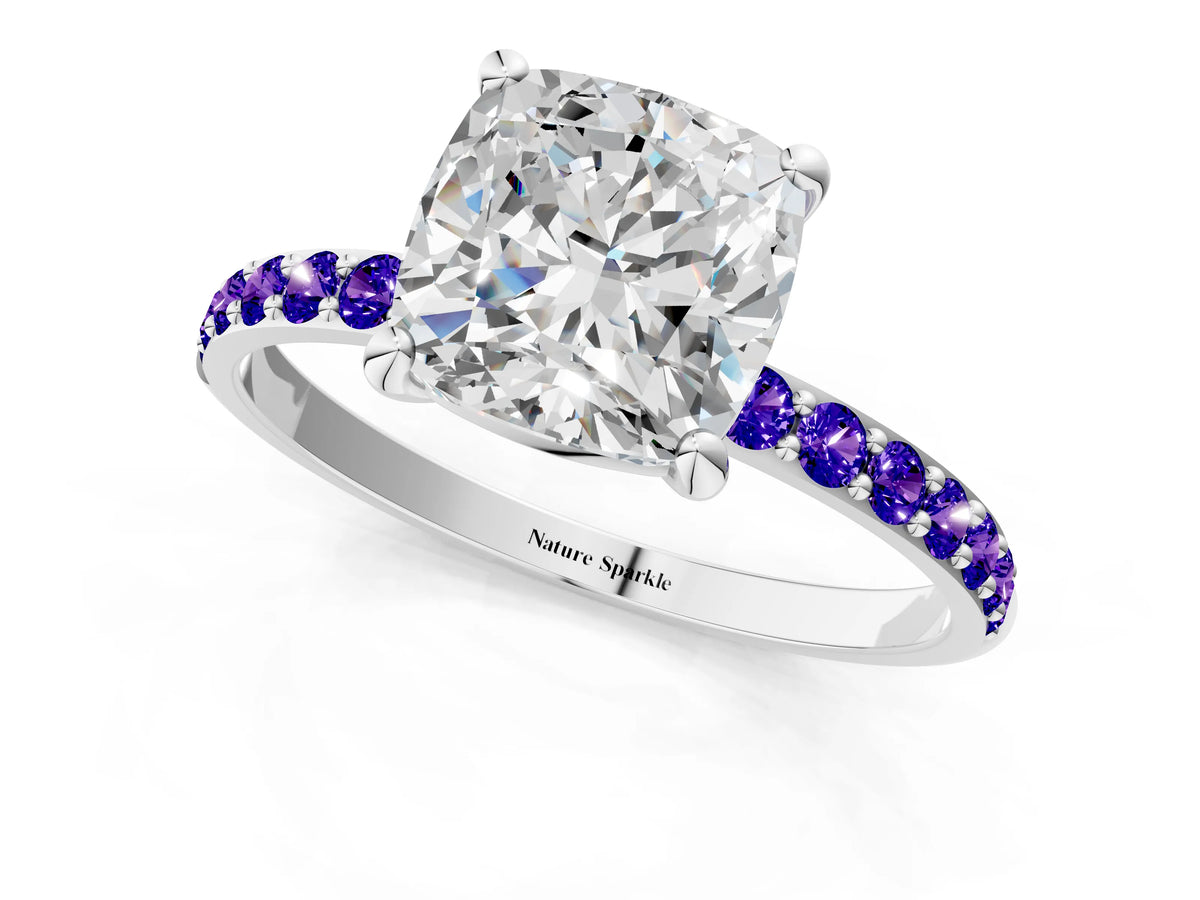 White gold Cushion Cut Diamond Solitaire Ring with Round Tanzanite Pavé Band and Prong Setting_1