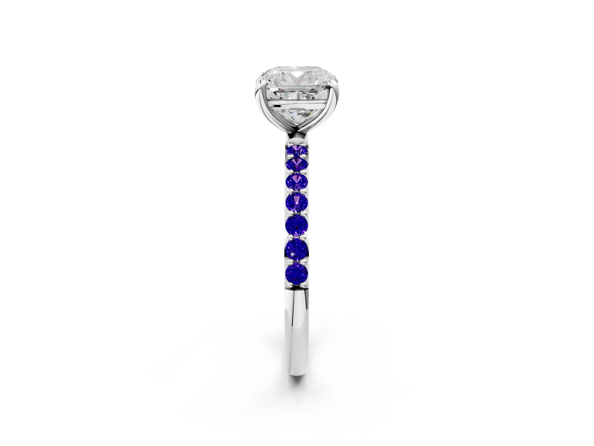 White gold Cushion Cut Diamond Solitaire Ring with Round Tanzanite Pavé Band and Prong Setting_2