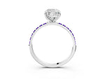 White gold Cushion Cut Diamond Solitaire Ring with Round Tanzanite Pavé Band and Prong Setting_3