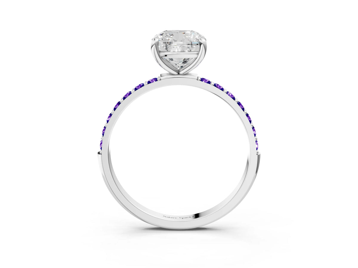 White gold Cushion Cut Diamond Solitaire Ring with Round Tanzanite Pavé Band and Prong Setting_3