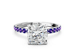 White gold Cushion Cut Diamond Solitaire Ring with Round Tanzanite Pavé Band and Prong Setting