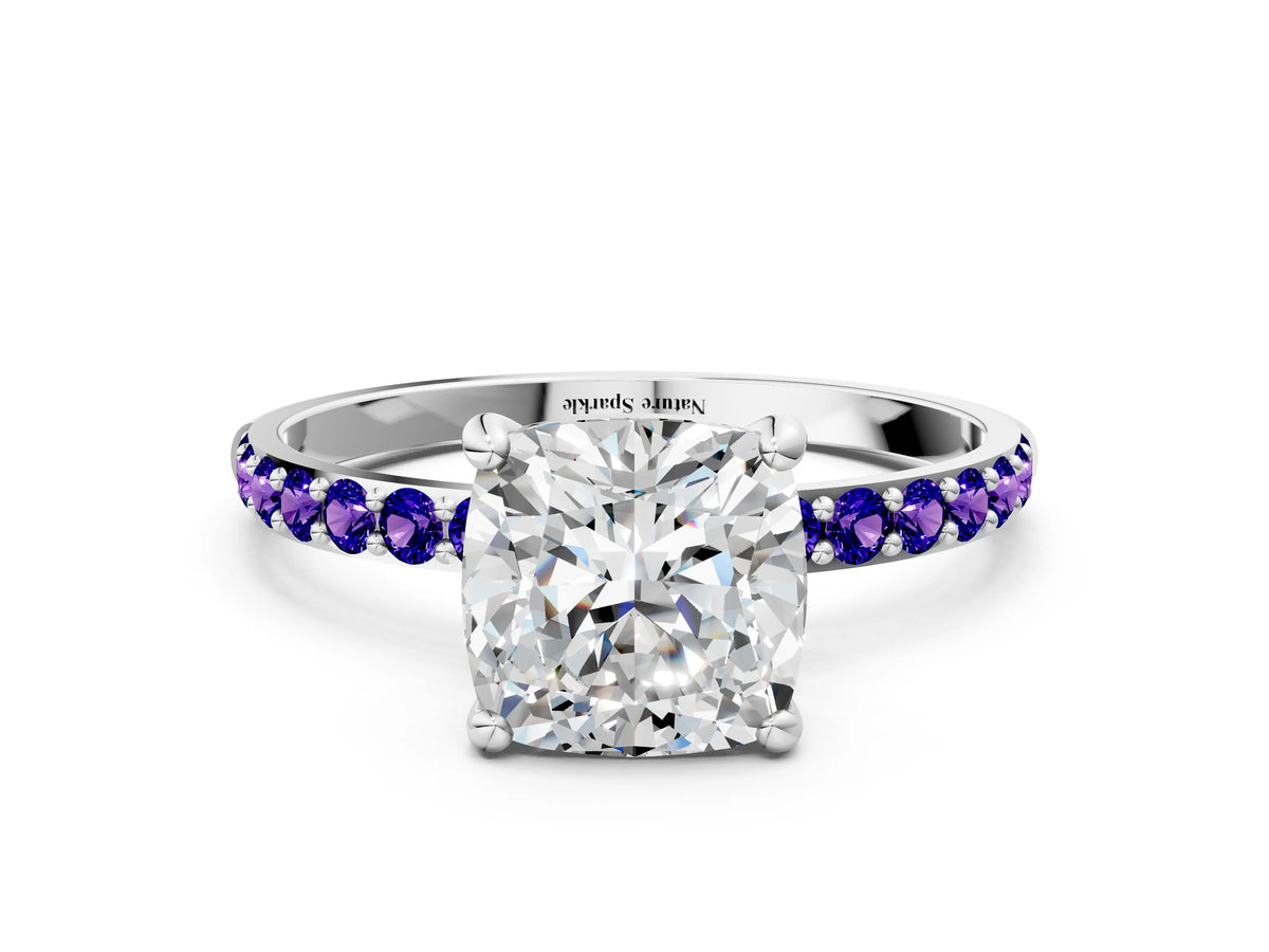 White gold Cushion Cut Diamond Solitaire Ring with Round Tanzanite Pavé Band and Prong Setting