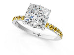 White gold Cushion Cut Diamond Solitaire Ring with Round Yellow Sapphire Pavé Band and Prong Setting_1
