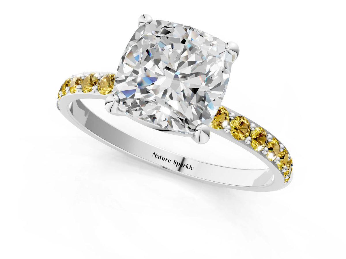 White gold Cushion Cut Diamond Solitaire Ring with Round Yellow Sapphire Pavé Band and Prong Setting_1