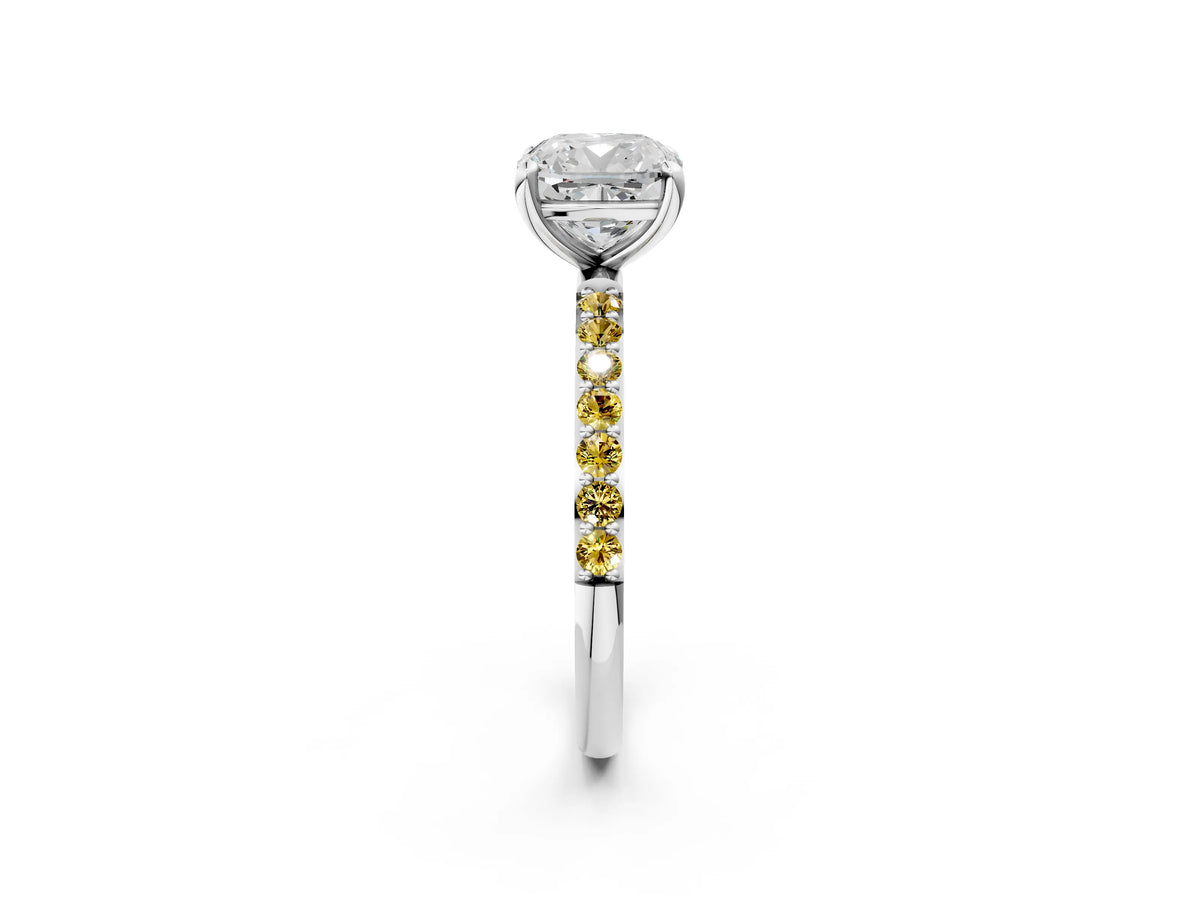 White gold Cushion Cut Diamond Solitaire Ring with Round Yellow Sapphire Pavé Band and Prong Setting_2