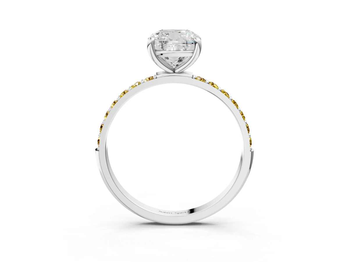 White gold Cushion Cut Diamond Solitaire Ring with Round Yellow Sapphire Pavé Band and Prong Setting_3