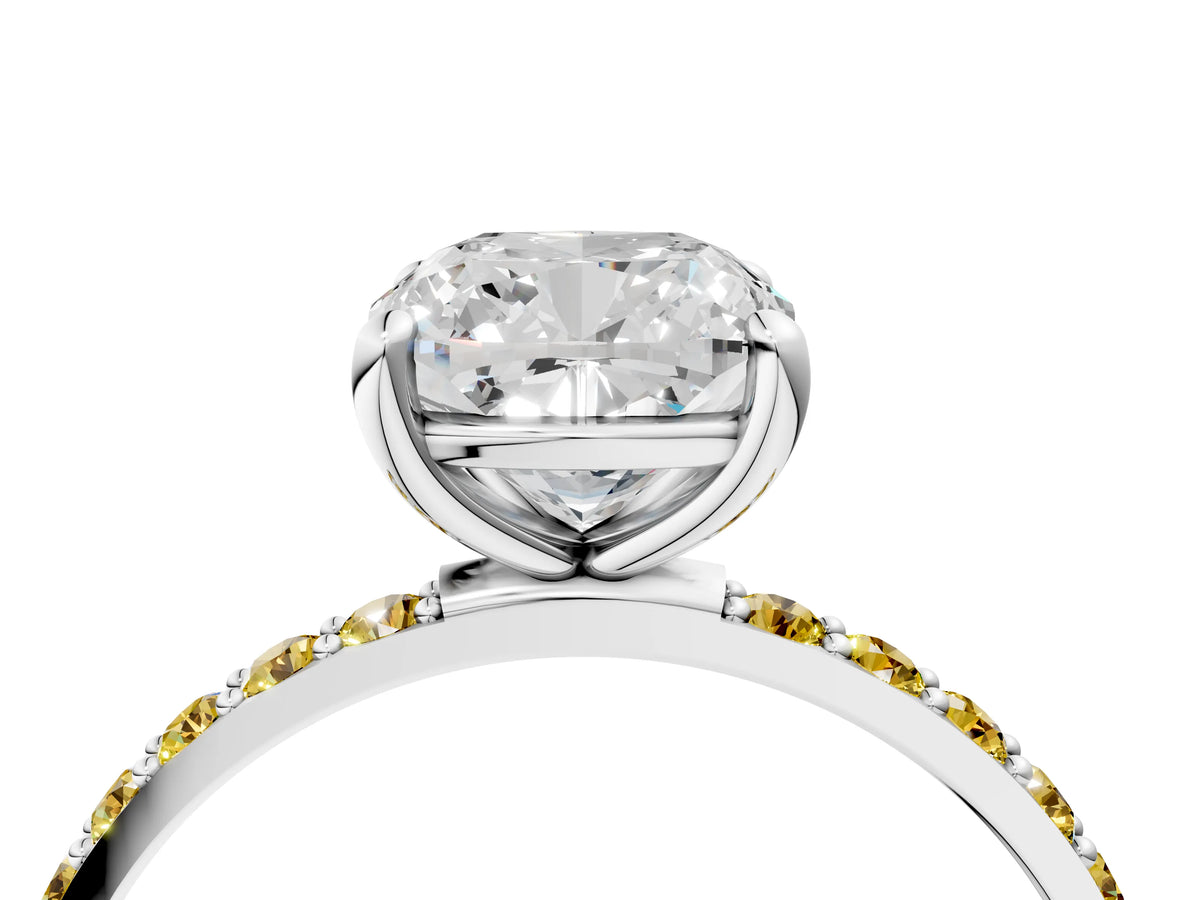 White gold Cushion Cut Diamond Solitaire Ring with Round Yellow Sapphire Pavé Band and Prong Setting_4