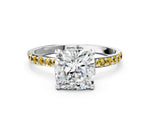 White gold Cushion Cut Diamond Solitaire Ring with Round Yellow Sapphire Pavé Band and Prong Setting