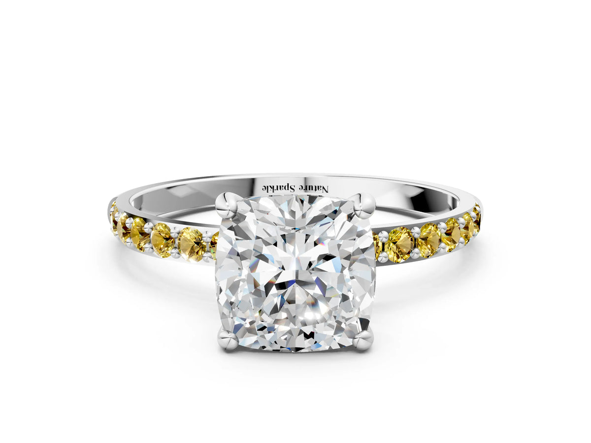 White gold Cushion Cut Diamond Solitaire Ring with Round Yellow Sapphire Pavé Band and Prong Setting