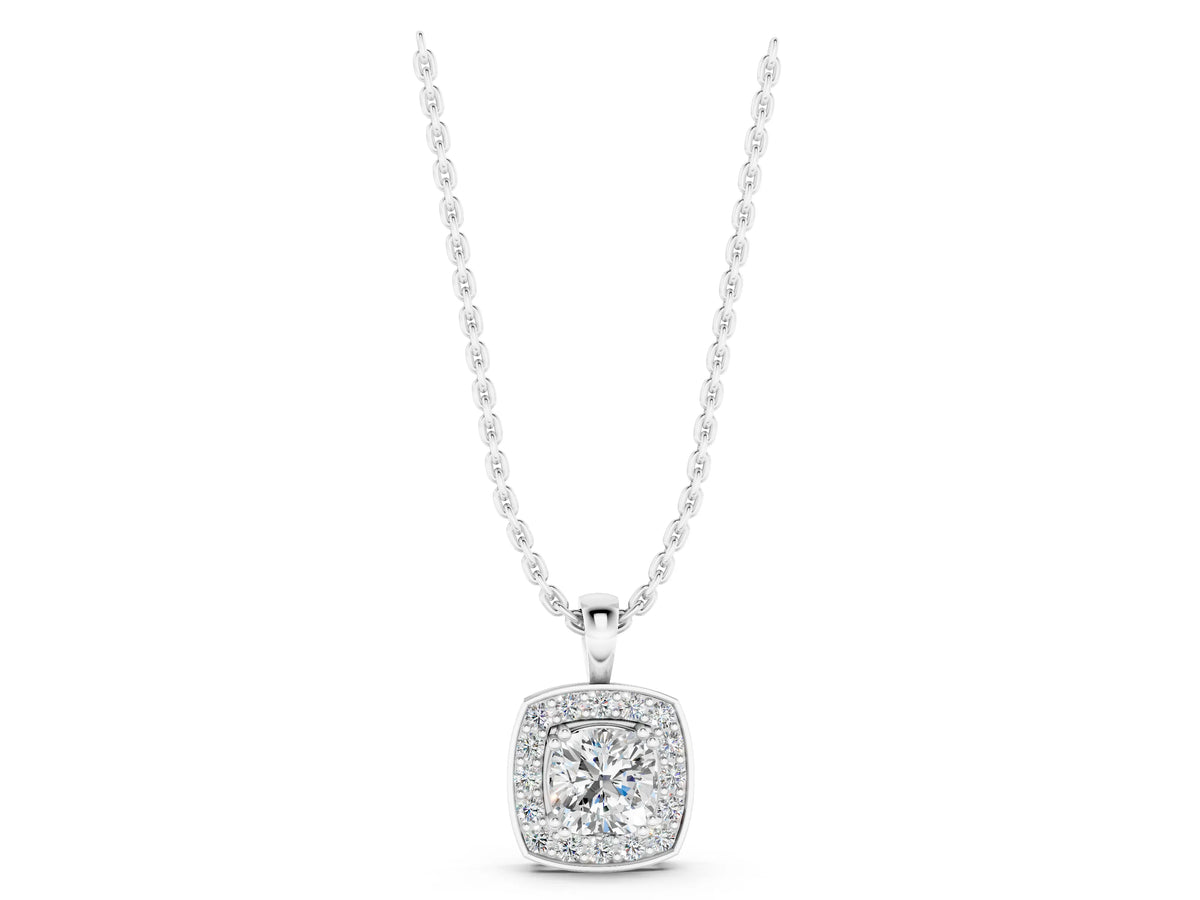 White gold Cushion Halo Pendant with Round Diamond and Four-Prong Setting_1
