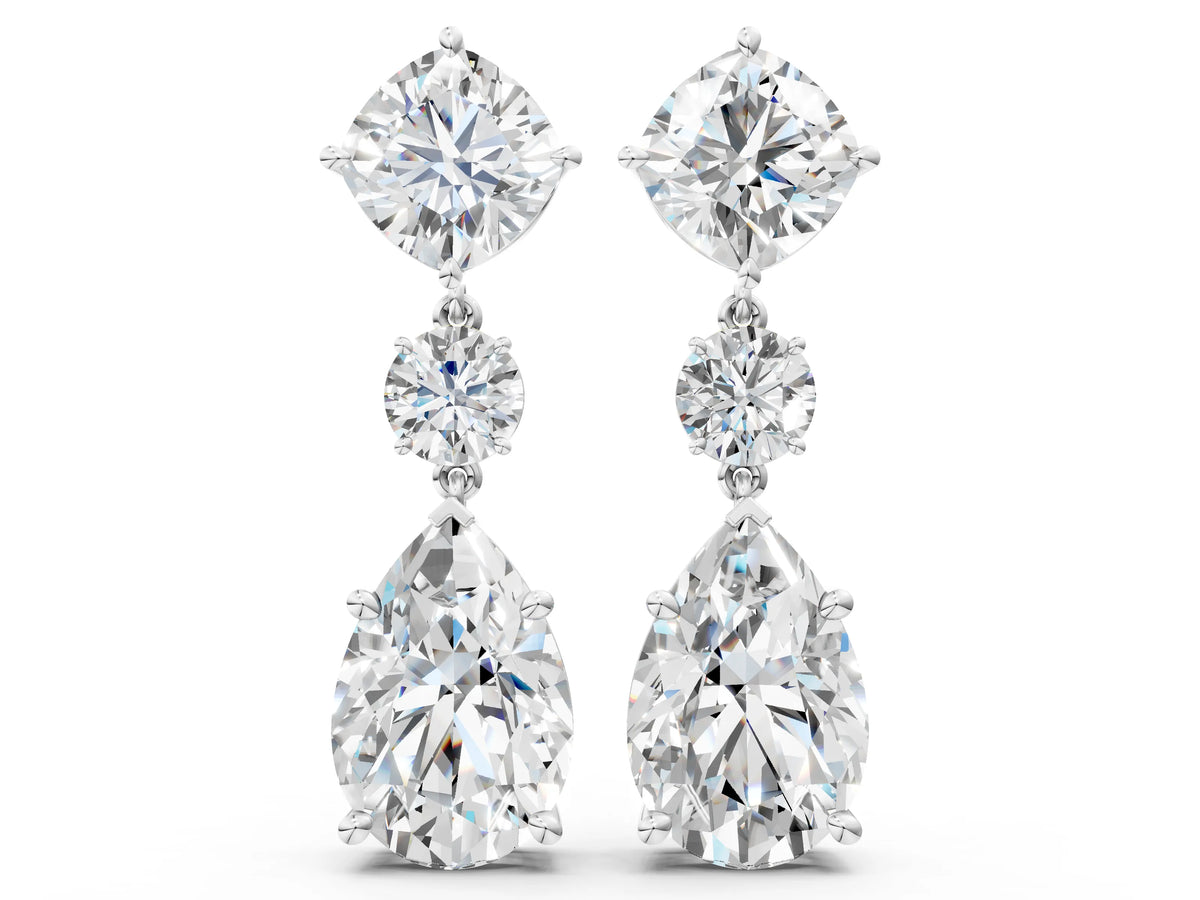 White gold Cushion, Round and Pear Diamond Three-Stone Drop Earrings