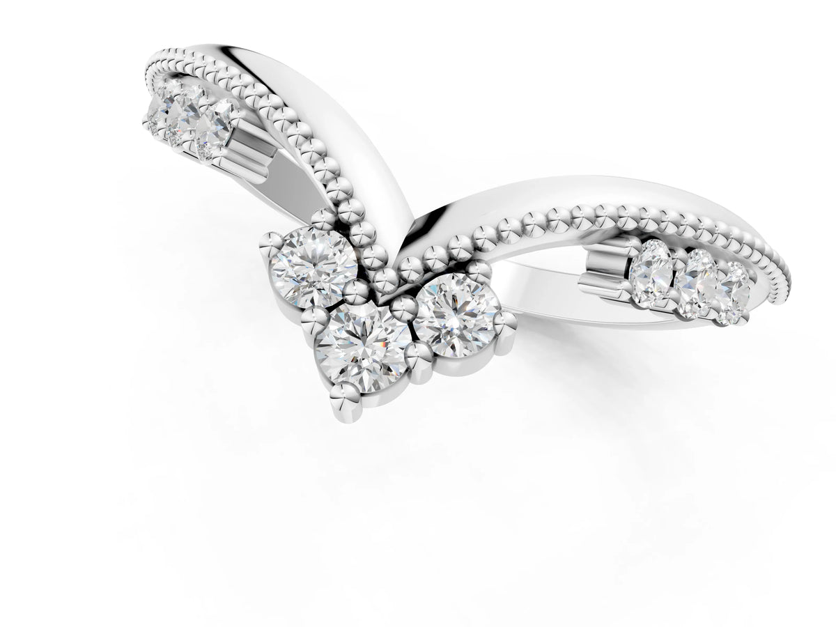 White gold Diamond Chevron Milgrain Band with Round Cut Stones and Prong Setting_1