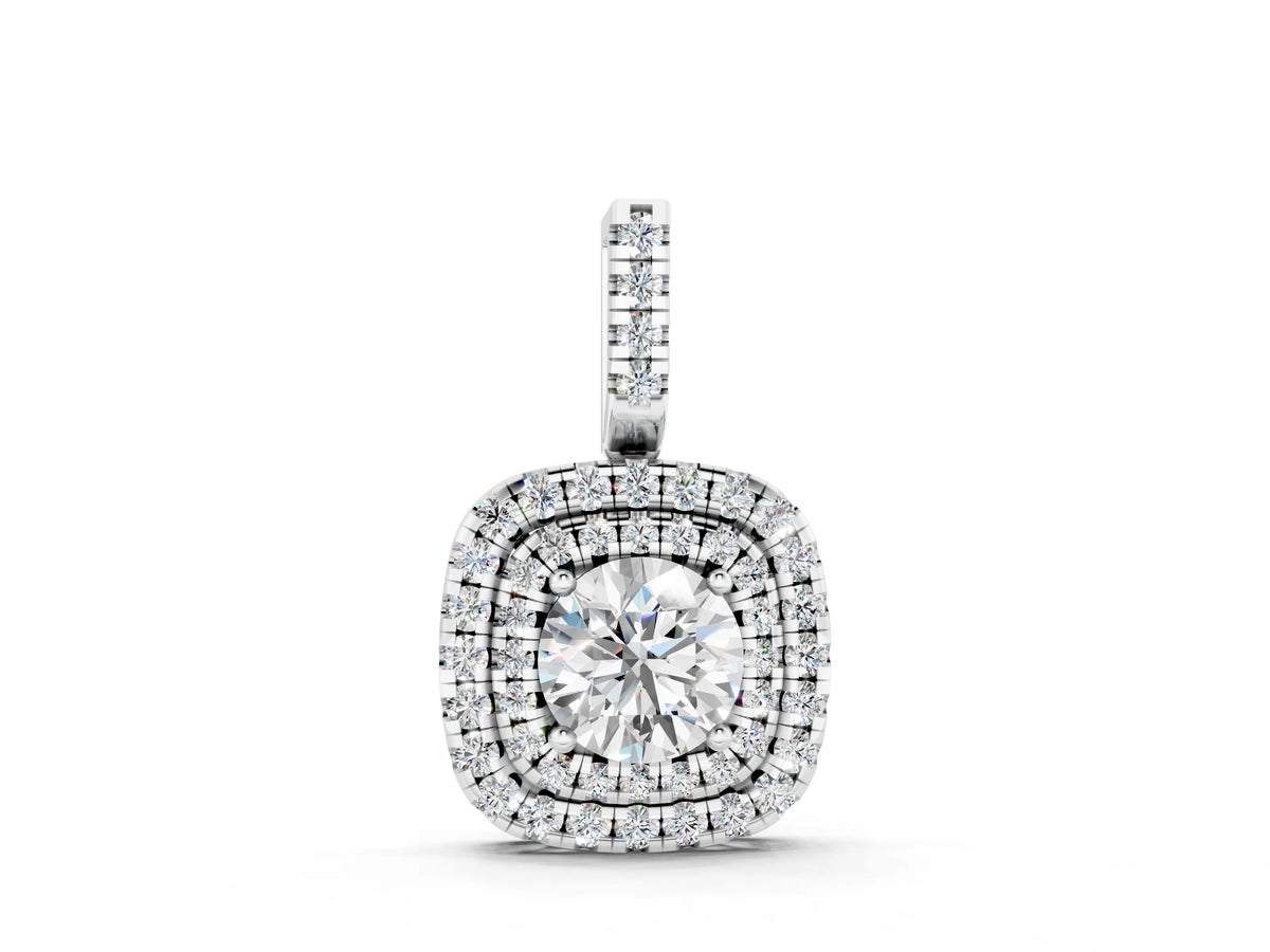 White gold Double Halo Round Diamond Pendant with Pavé Setting and Prong Setting