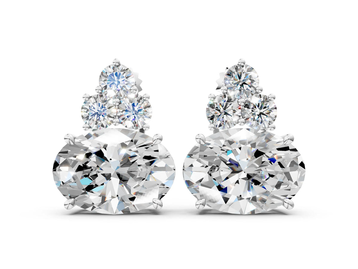 White gold East-West Oval Diamond Cluster Stud Earrings with Round Diamond Accents