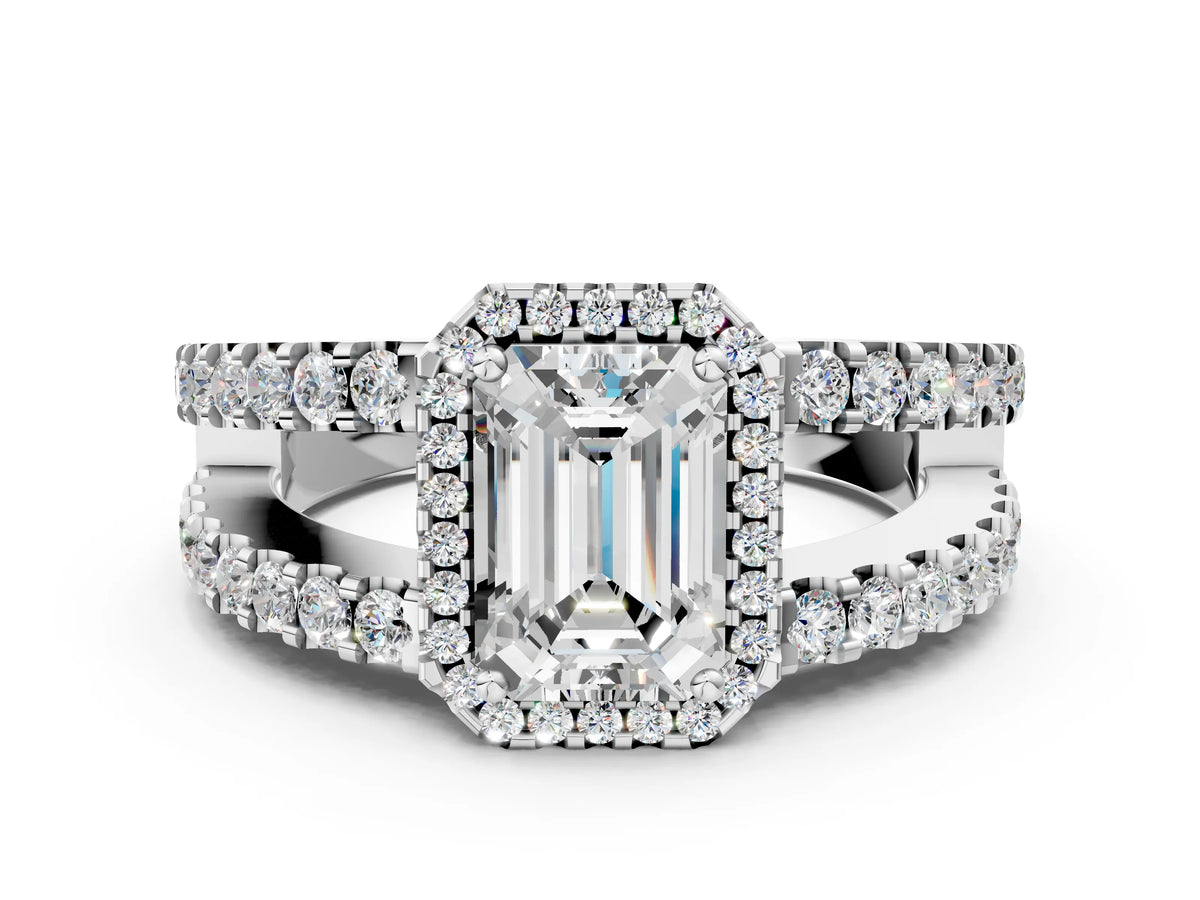 White gold Emerald Cut Cut Halo Split Shank Diamond Ring with Four-Prong Setting