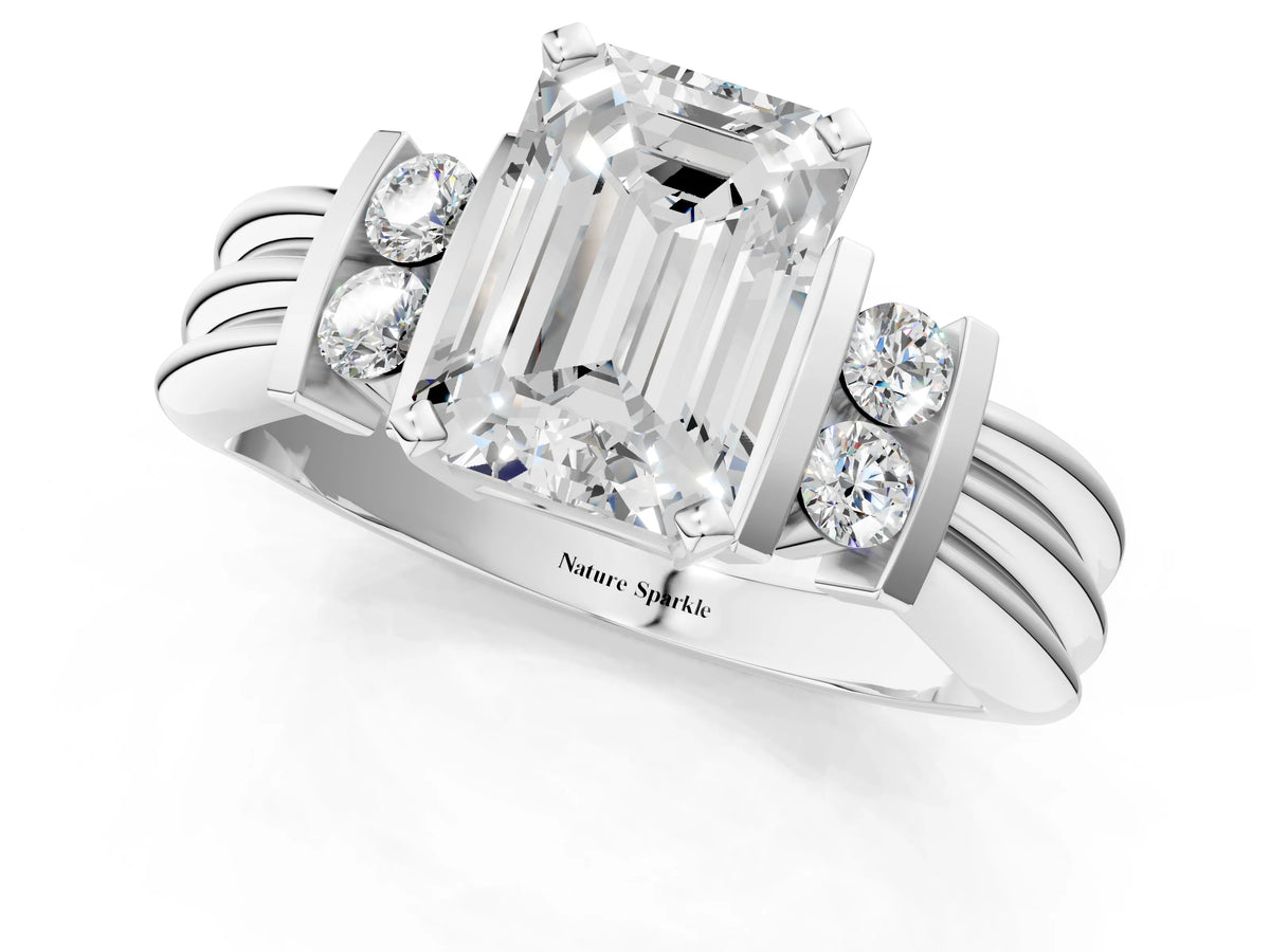 White gold Emerald Cut Cut Three-Stone Channel Set Ring with Bar Prongs_1