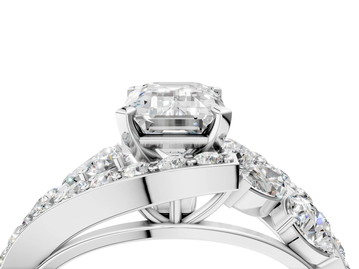 White gold Emerald Cut Diamond Halo Ring with Marquise and Pavé Band in Prong Setting_4