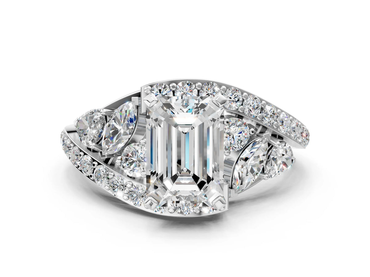 White gold Emerald Cut Diamond Halo Ring with Marquise and Pavé Band in Prong Setting
