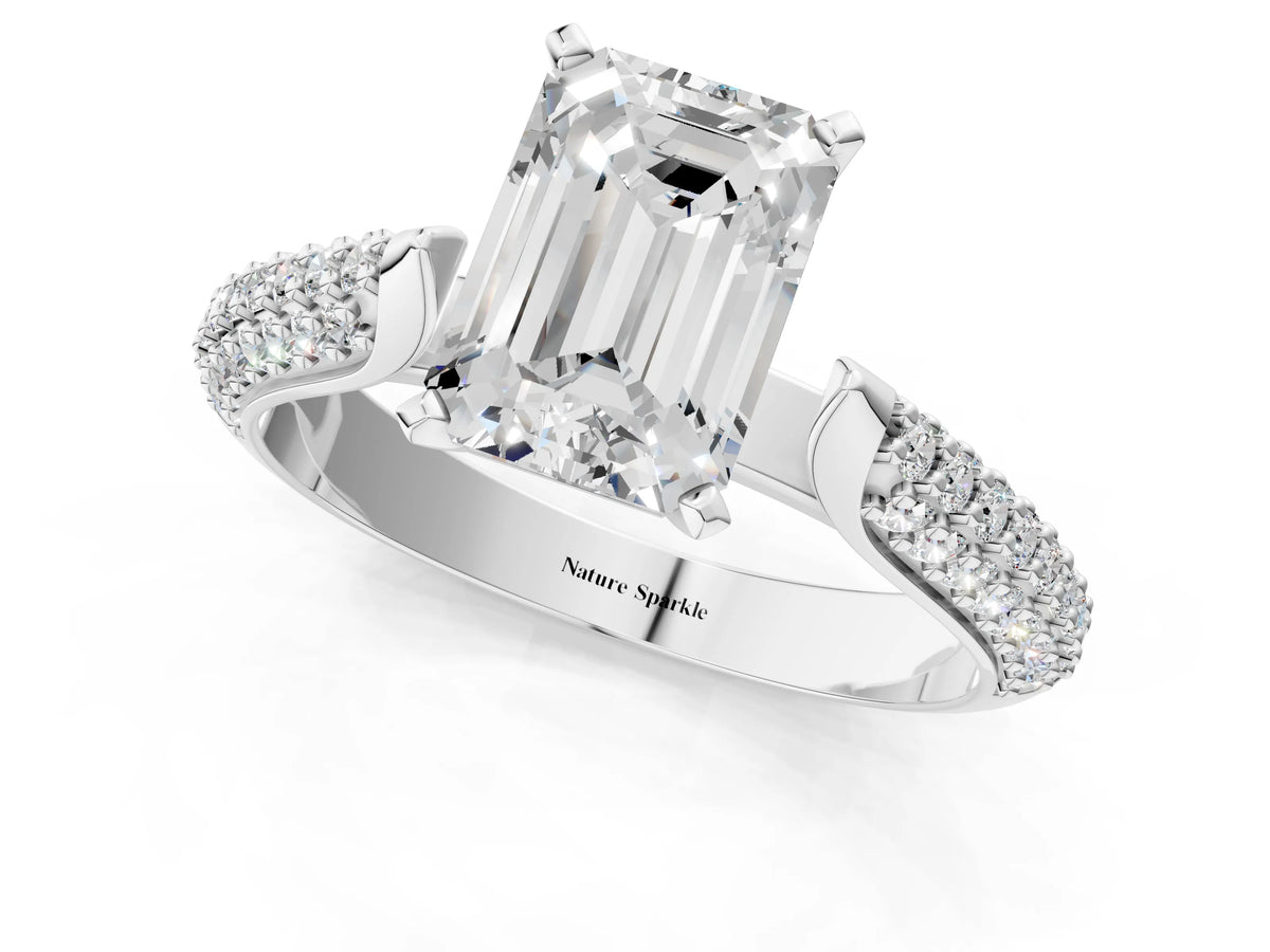 White gold Emerald Cut Diamond Solitaire Engagement Ring with Multi-Row Round Pavé Band and Prong Setting_1