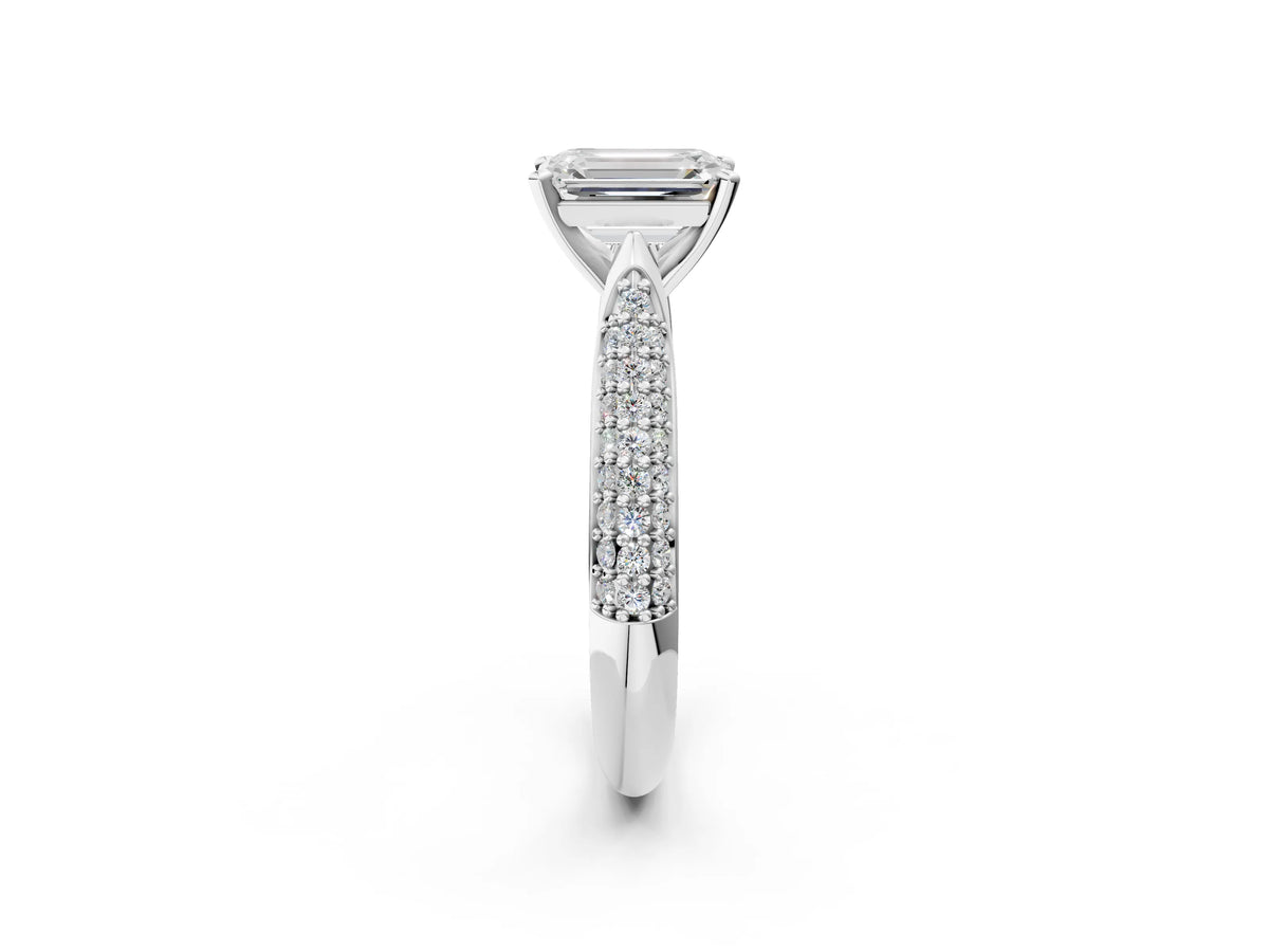 White gold Emerald Cut Diamond Solitaire Engagement Ring with Multi-Row Round Pavé Band and Prong Setting_2