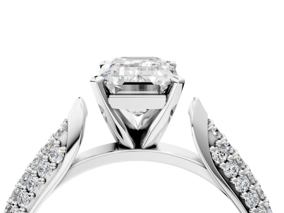 White gold Emerald Cut Diamond Solitaire Engagement Ring with Multi-Row Round Pavé Band and Prong Setting_4