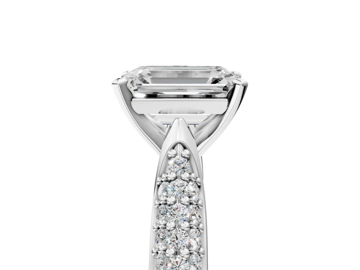 White gold Emerald Cut Diamond Solitaire Engagement Ring with Multi-Row Round Pavé Band and Prong Setting_5
