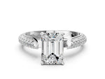 White gold Emerald Cut Diamond Solitaire Engagement Ring with Multi-Row Round Pavé Band and Prong Setting
