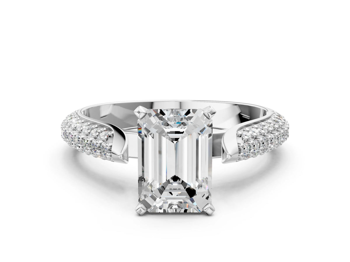 White gold Emerald Cut Diamond Solitaire Engagement Ring with Multi-Row Round Pavé Band and Prong Setting
