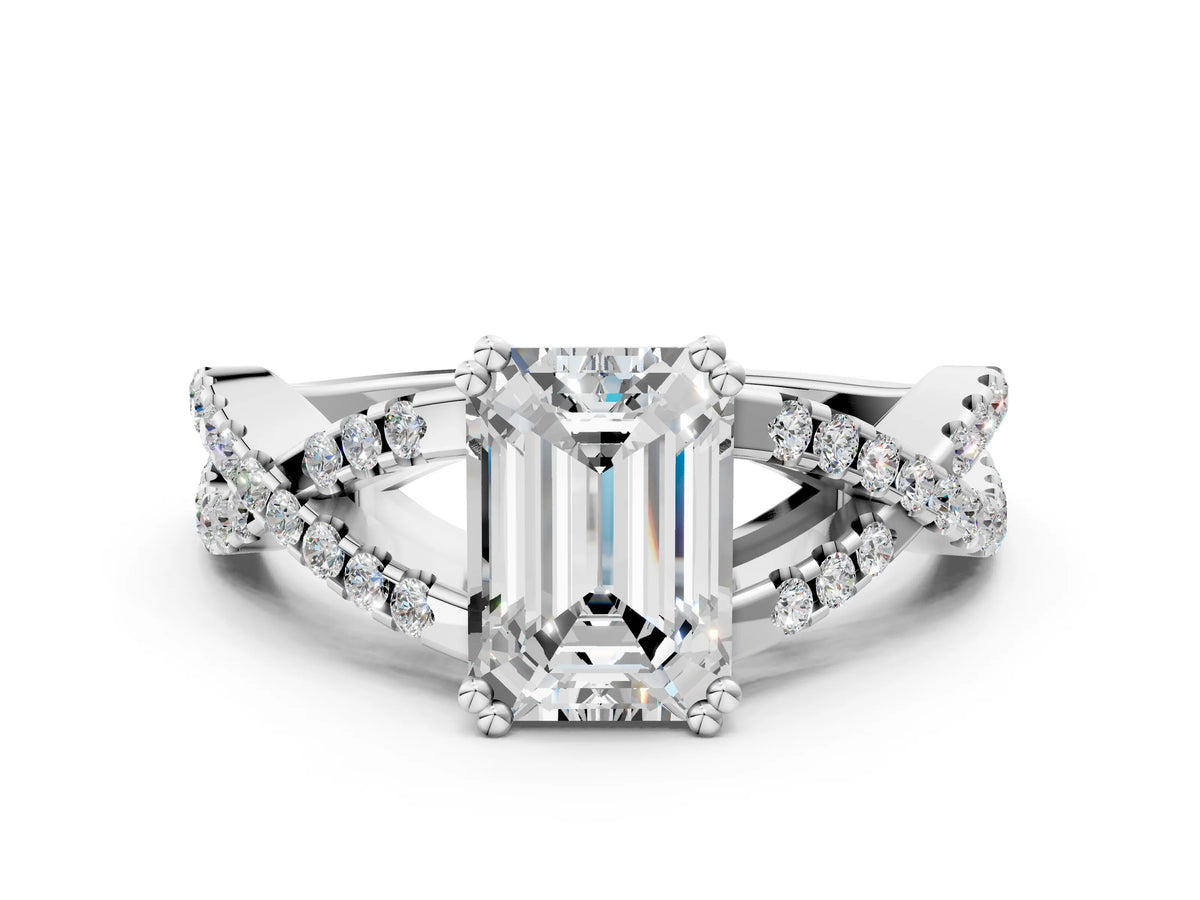 White gold Emerald Cut Diamond Solitaire Ring with Four-Prong Setting and Twisted Pavé Band