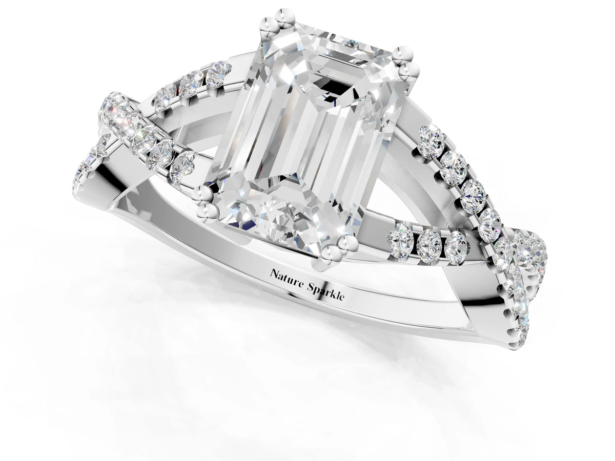 White gold Emerald Cut Diamond Solitaire Ring with Four-Prong Setting and Twisted Pavé Band_1