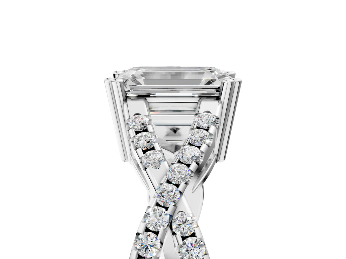 White gold Emerald Cut Diamond Solitaire Ring with Four-Prong Setting and Twisted Pavé Band_5