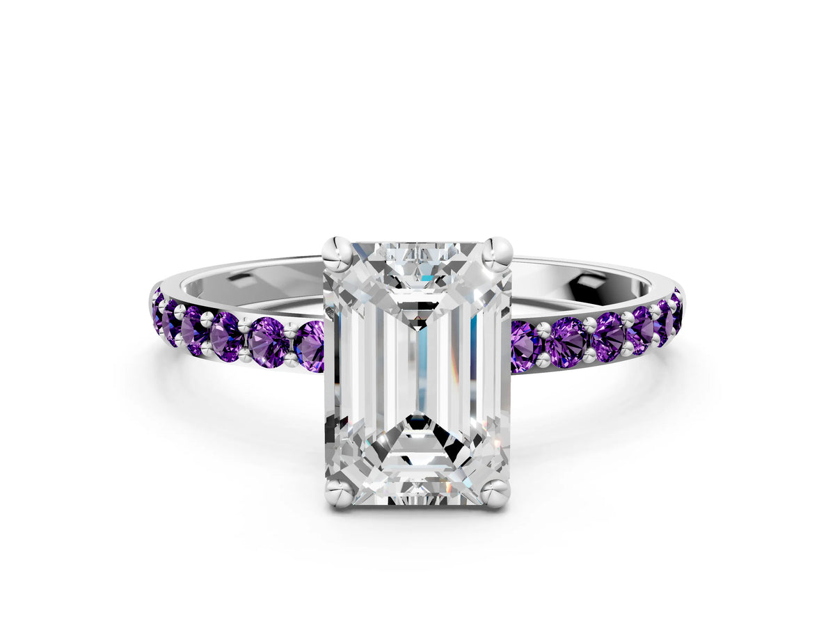 White gold Emerald Cut Diamond Solitaire Ring with Round Amethyst Pavé Band and Prong Setting