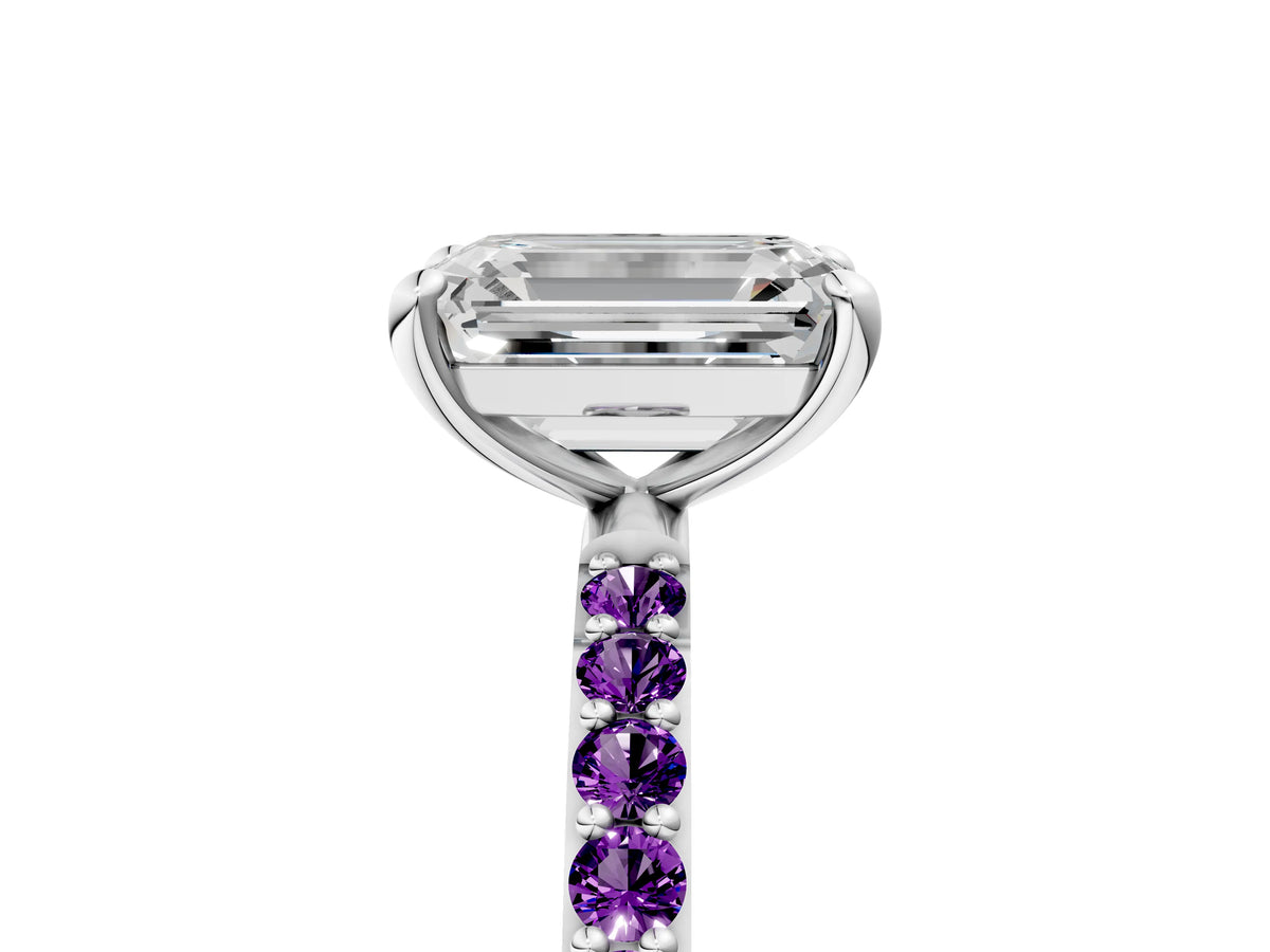 White gold Emerald Cut Diamond Solitaire Ring with Round Amethyst Pavé Band and Prong Setting_5