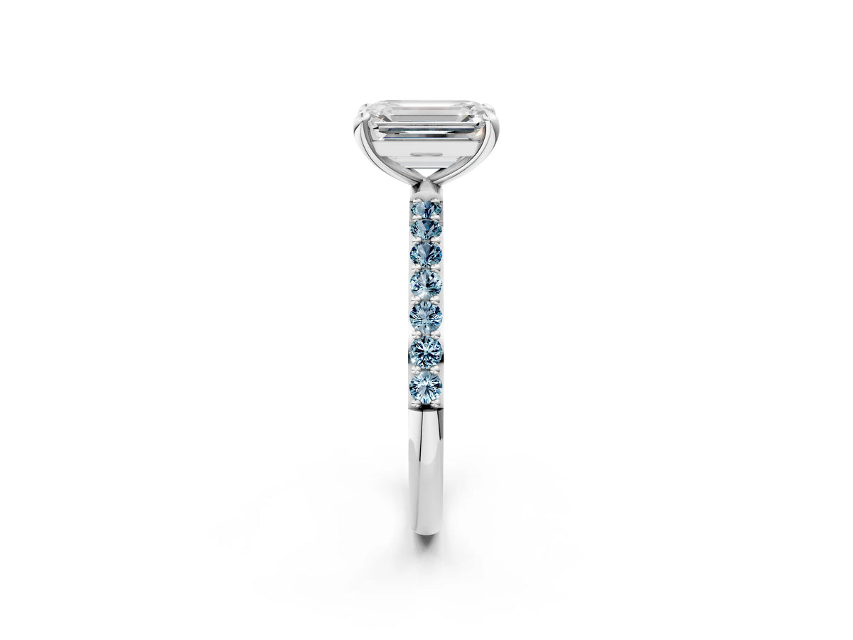 White gold Emerald Cut Diamond Solitaire Ring with Round Aquamarine Pavé Band and Prong Setting_2