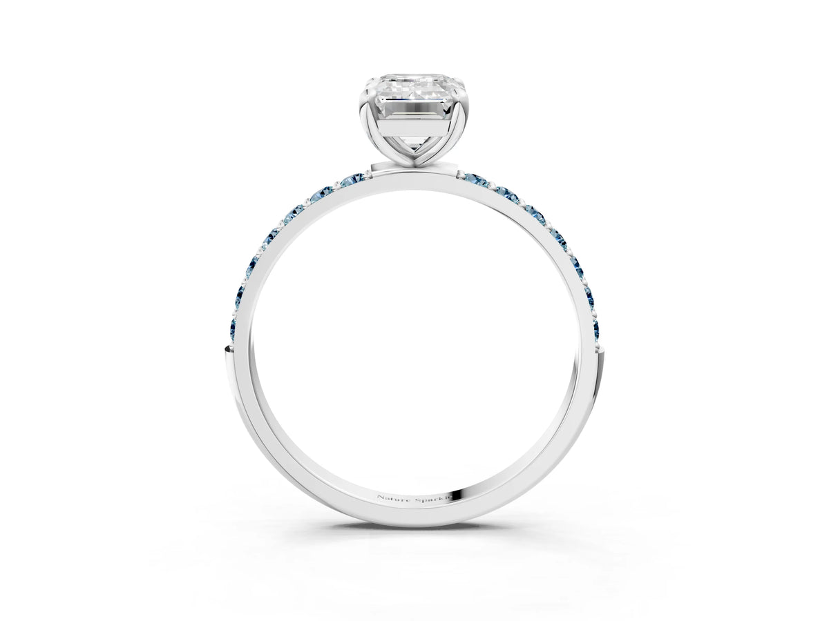 White gold Emerald Cut Diamond Solitaire Ring with Round Aquamarine Pavé Band and Prong Setting_3