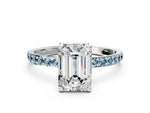 White gold Emerald Cut Diamond Solitaire Ring with Round Aquamarine Pavé Band and Prong Setting