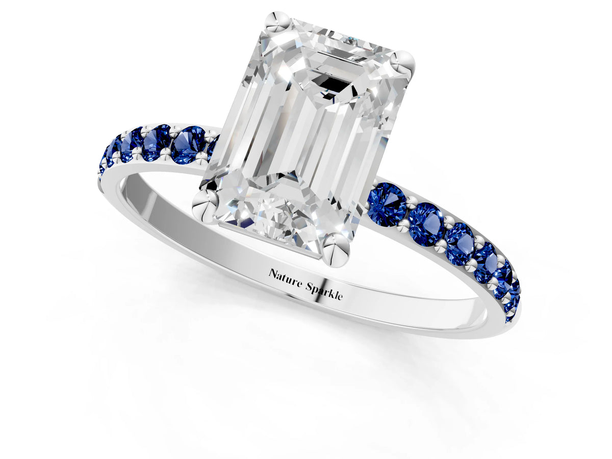 White gold Emerald Cut Diamond Solitaire Ring with Round Blue Sapphire Pavé Band and Prong Setting_1