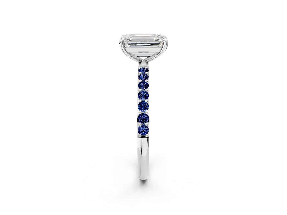 White gold Emerald Cut Diamond Solitaire Ring with Round Blue Sapphire Pavé Band and Prong Setting_2