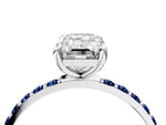 White gold Emerald Cut Diamond Solitaire Ring with Round Blue Sapphire Pavé Band and Prong Setting_4